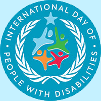 This Image represents International Persons with Disabilities Day. It is blue, circular, has International Day of People with Disabilities around the outside with four people (green, blue, red, orange) reaching up towards a star inside the stylized UN leaf pattern  